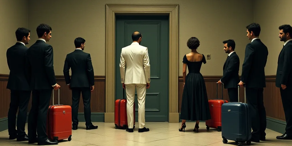 a group of people standing around a room with luggage and a man in a white suit and a woman in a bla