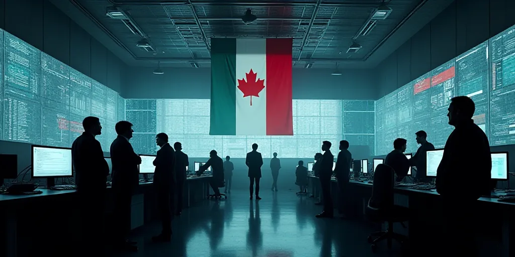 a group of people standing around a room with a lot of monitors on the wall and a flag hanging from