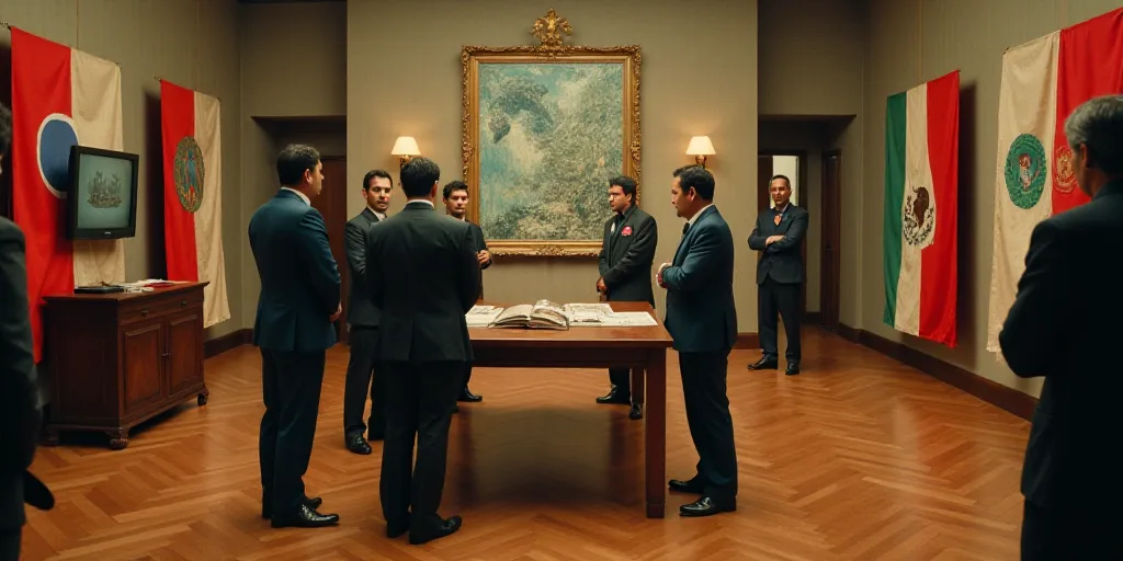 a group of people standing around a wooden table in a room with flags on the walls and a tv on the w