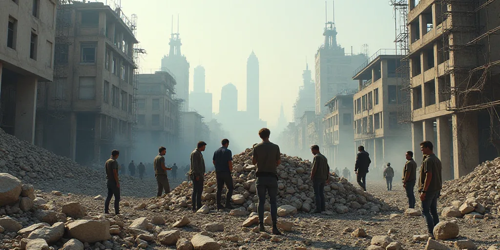 a group of people standing around a pile of rubble in a city with buildings in the background and pe