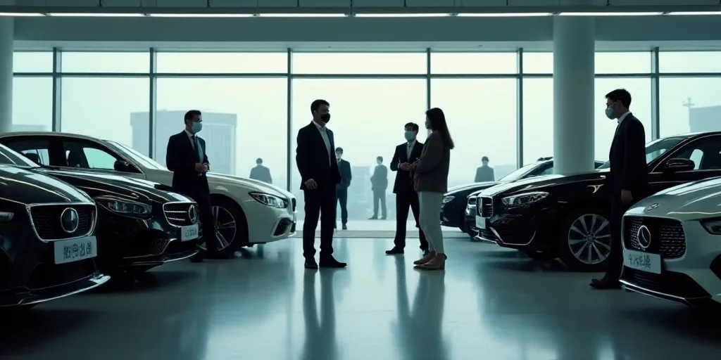a group of people standing around a car showroom with cars on display and people wearing masks on th