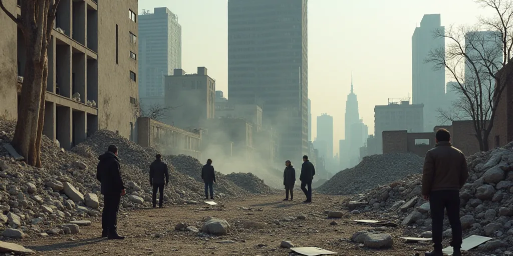 a group of people standing around a pile of rubble in a city with a tall building in the background,