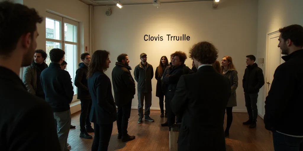 a group of people standing around each other in a room with a sign on the wall behind them that says