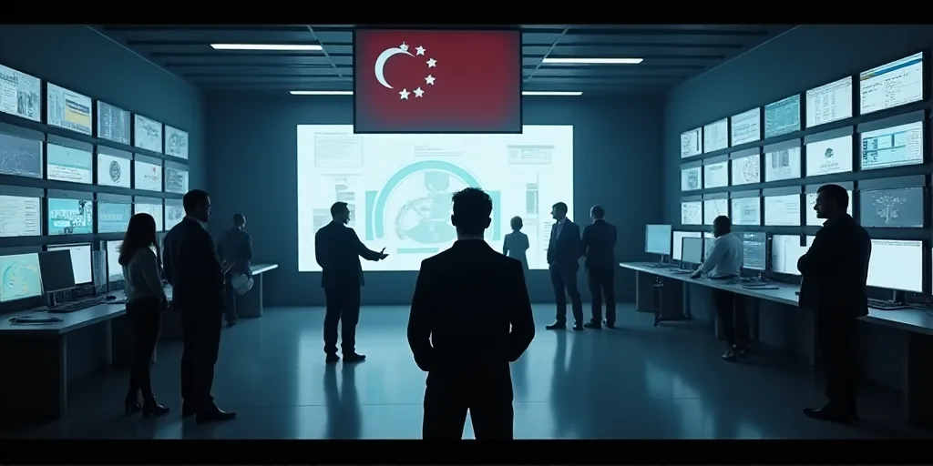 a group of people standing around a room with a lot of monitors on the wall and a flag hanging from