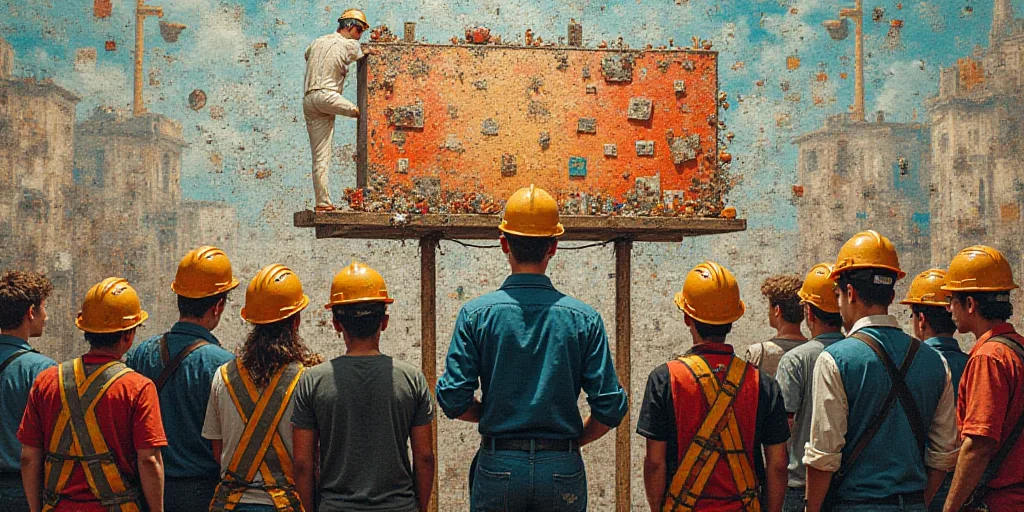 a group of people standing around a sign with a man in a hard hat on it's back, Eduardo Lefebvre Sco