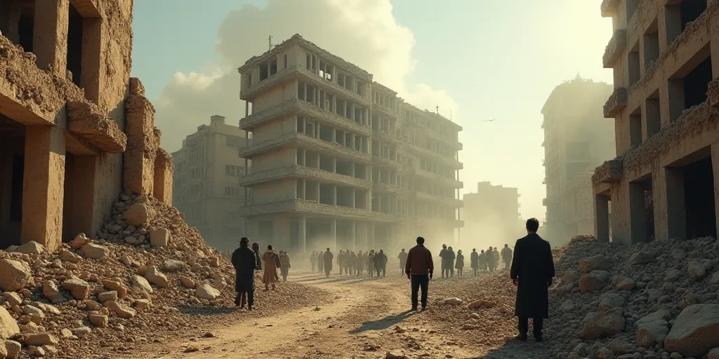 a group of people standing around a destroyed building in a city with a lot of rubble and debris on