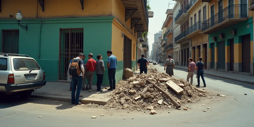 a group of people standing around a pile of rubble on a street corner with a car parked in the backg