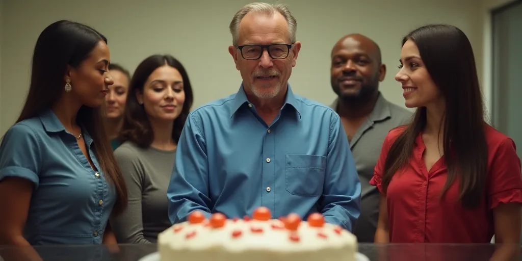 a group of people standing around a table with a cake on it and a man in a blue shirt, Doug Ohlson,