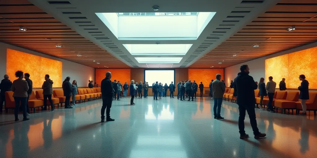 a group of people standing around a lobby with a lot of chairs and a tv screen in the background, Ce