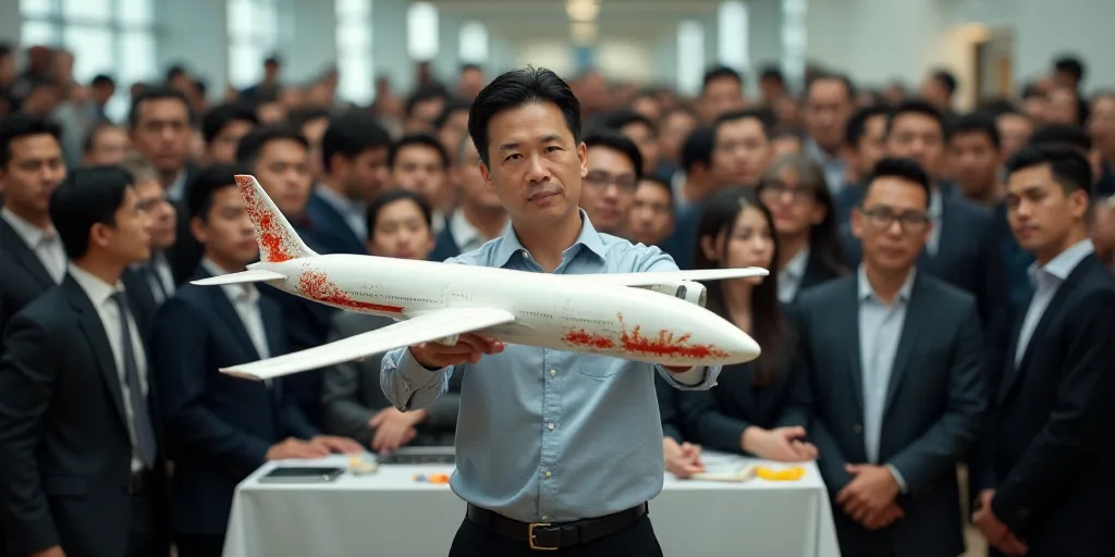 a group of people standing around a model of a plane and a man pointing at it with a crowd of people