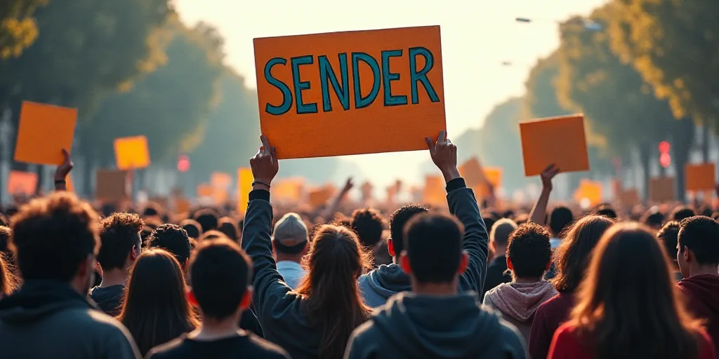 a group of people standing around a sign that says sender with a lot of people holding signs in fron