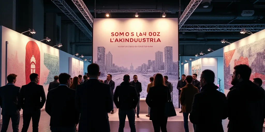 a group of people standing around a booth at a convention or exhibition, with a sign that says somos