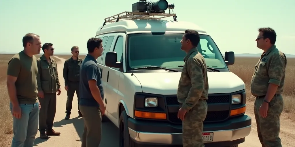 a group of people standing around a white van with a camera on top of it and a man in camouflage, Es