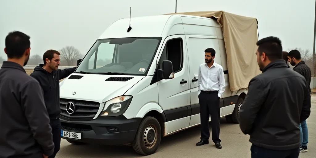 a group of people standing around a white van with a tarp on it's back and a man in a white shirt, E