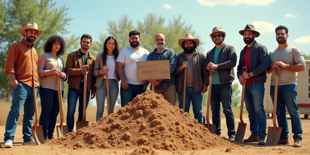 a group of people standing around a pile of dirt with shovels in front of them and a sign behind the