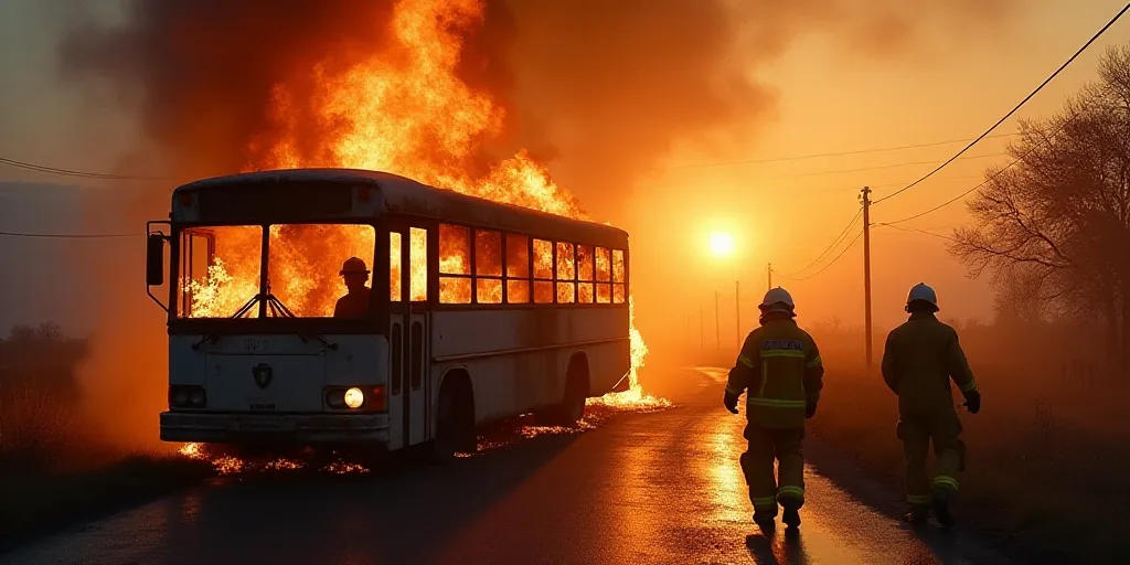 a group of people standing around a burnt bus on a road with a fireman standing next to it, Eduardo
