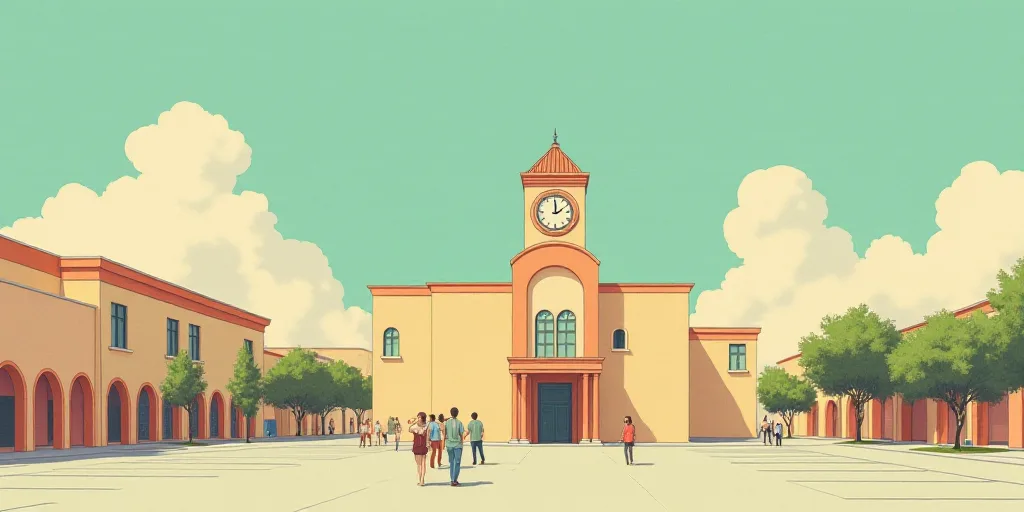 a group of people standing around a parking lot next to a building with a clock tower on top of it,