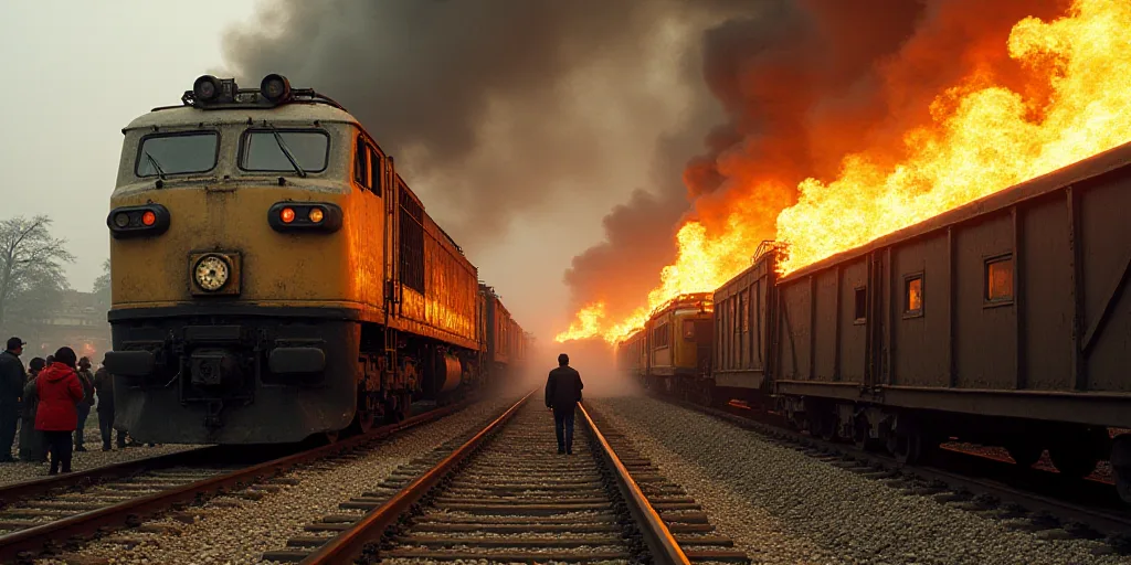 a group of people standing around a train on a track with a train on it's side and a train on fire,