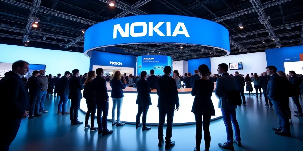 a group of people standing around a booth at a convention or exhibition with a sign that says nokia