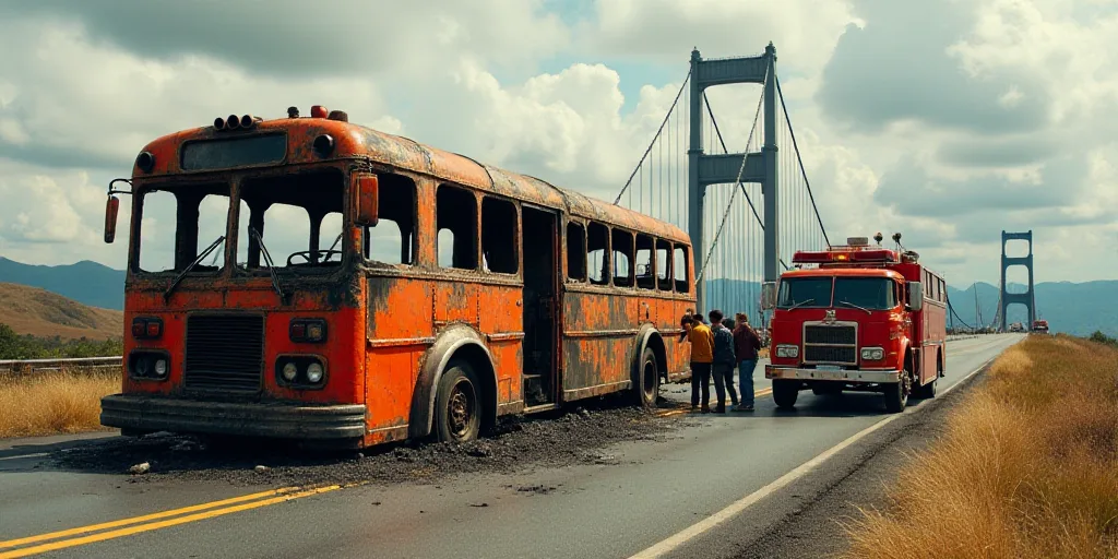 a group of people standing around a burnt out bus on a road with a bridge in the background and a fi