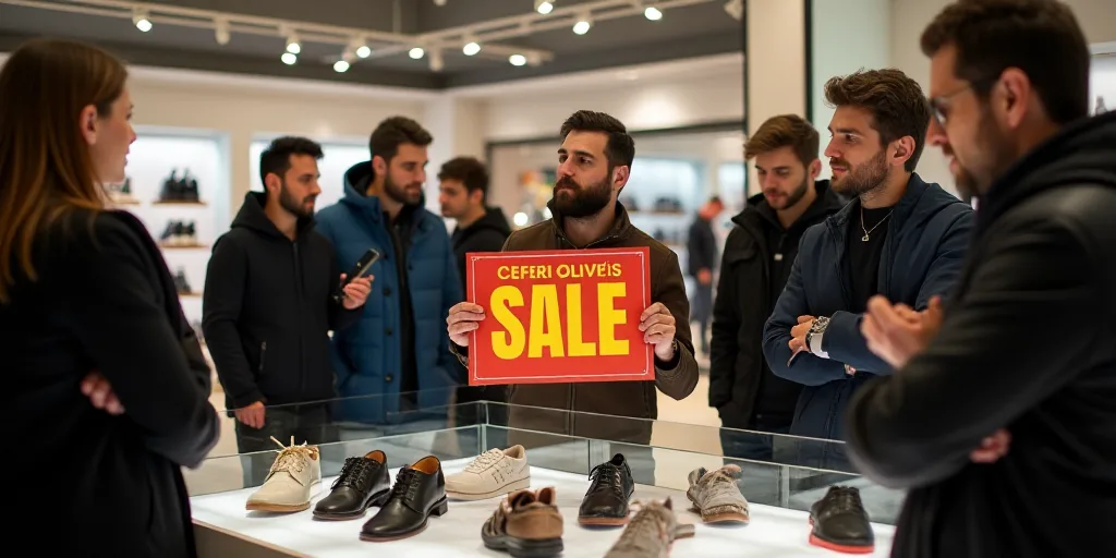 a group of people standing around a store with shoes on display in front of them and a sale sign, Ce