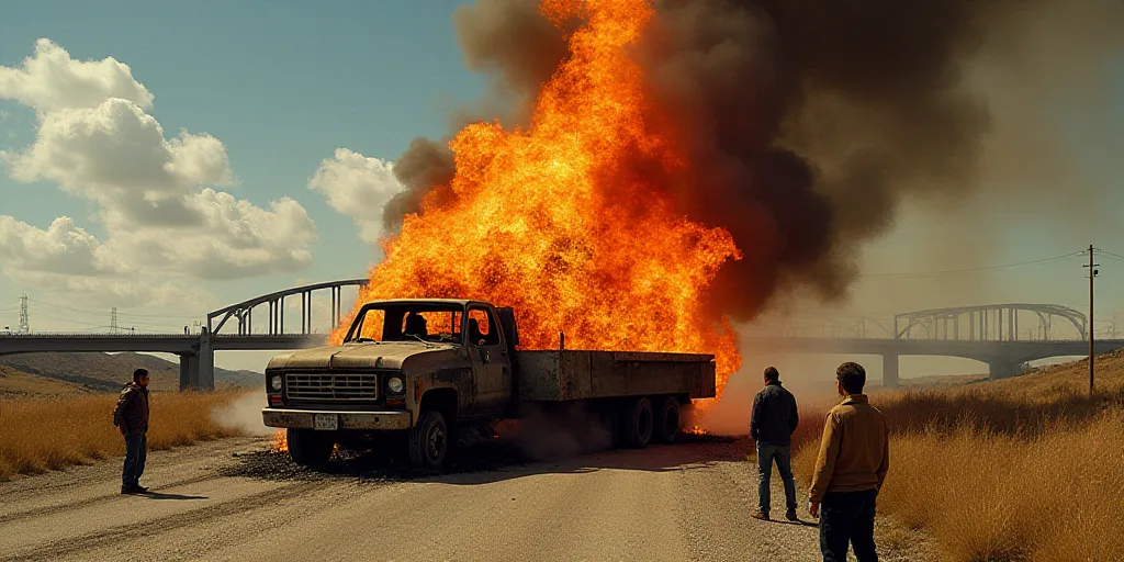 a group of people standing around a burnt out truck on a road with a bridge in the background and a