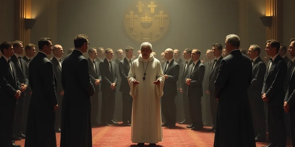 a group of people standing around each other in a room with a priest in the middle of the room, Bern