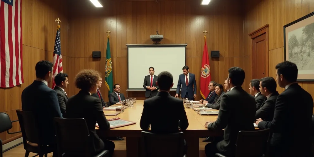 a group of people standing around a wooden table in a room with flags on the walls and a tv on the w