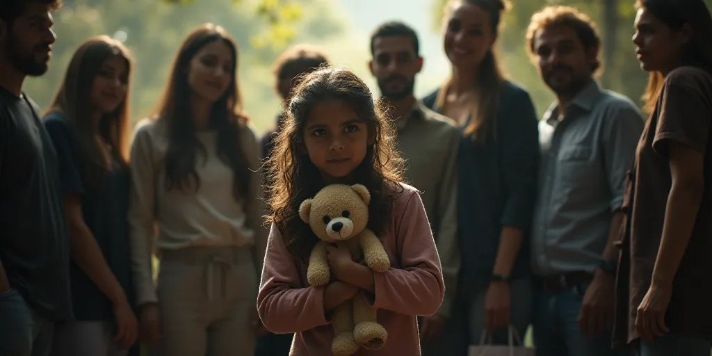a group of people standing around a little girl holding a stuffed animal in her arms and a man holdi