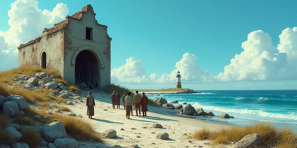 a group of people standing around a destroyed building near the ocean and a lighthouse in the distan