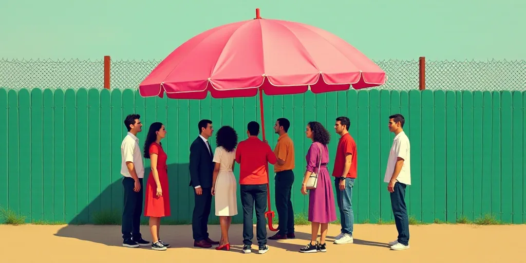 a group of people standing around a fence with a pink umbrella over them and a green fence behind th