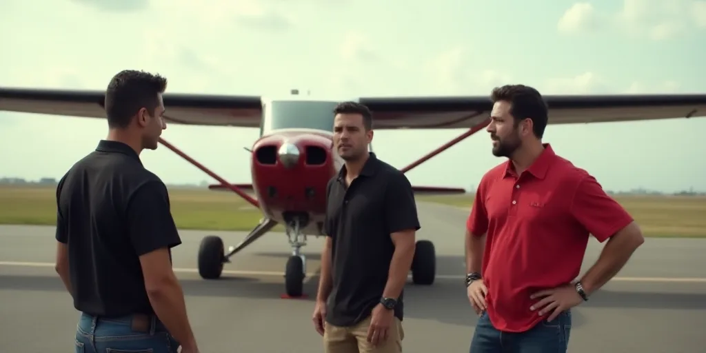 a group of people standing around a small plane on a runway with a man in a black shirt and a man in
