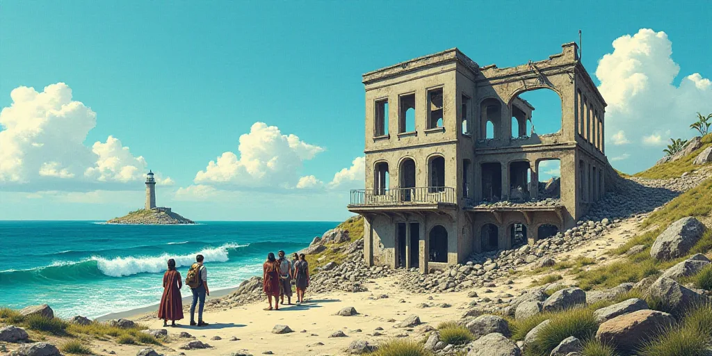 a group of people standing around a destroyed building near the ocean and a lighthouse in the distan