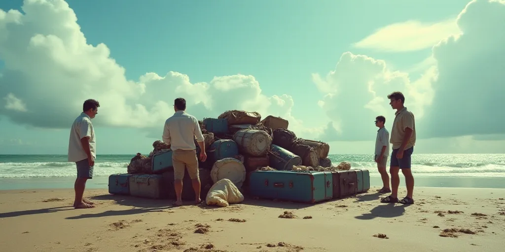 a group of people standing around a pile of luggage on a beach with a sky background and clouds in t