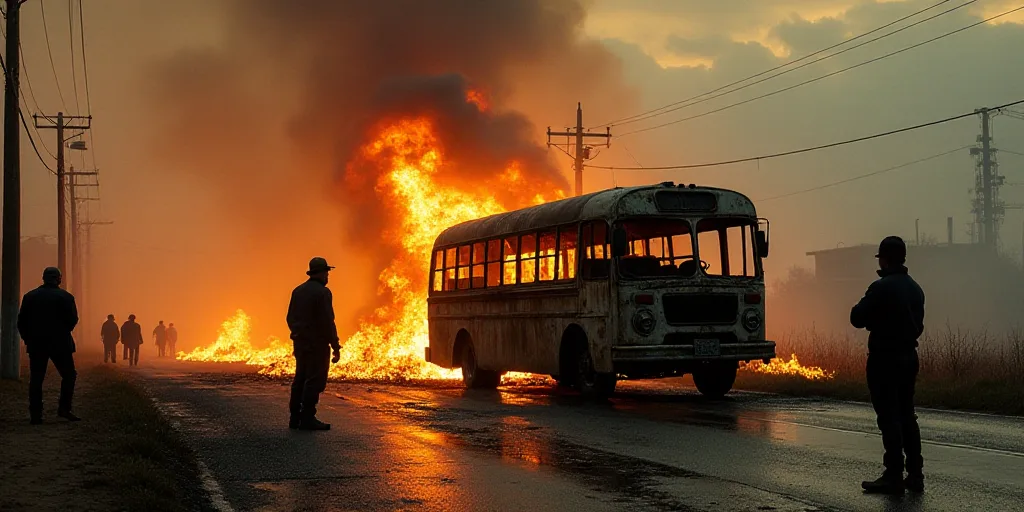 a group of people standing around a burnt bus on a road with a fireman standing next to it, David Al