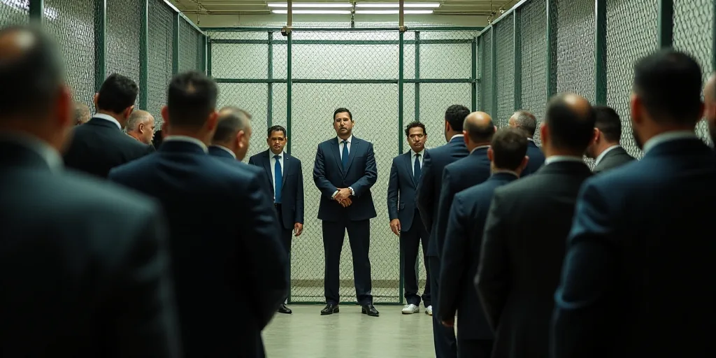 a group of people standing around a caged area with a man in a suit talking to them and a man in a s
