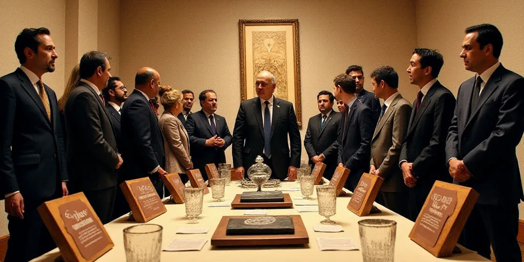 a group of people standing around a table with plaques of award winning items on it and a man in a s