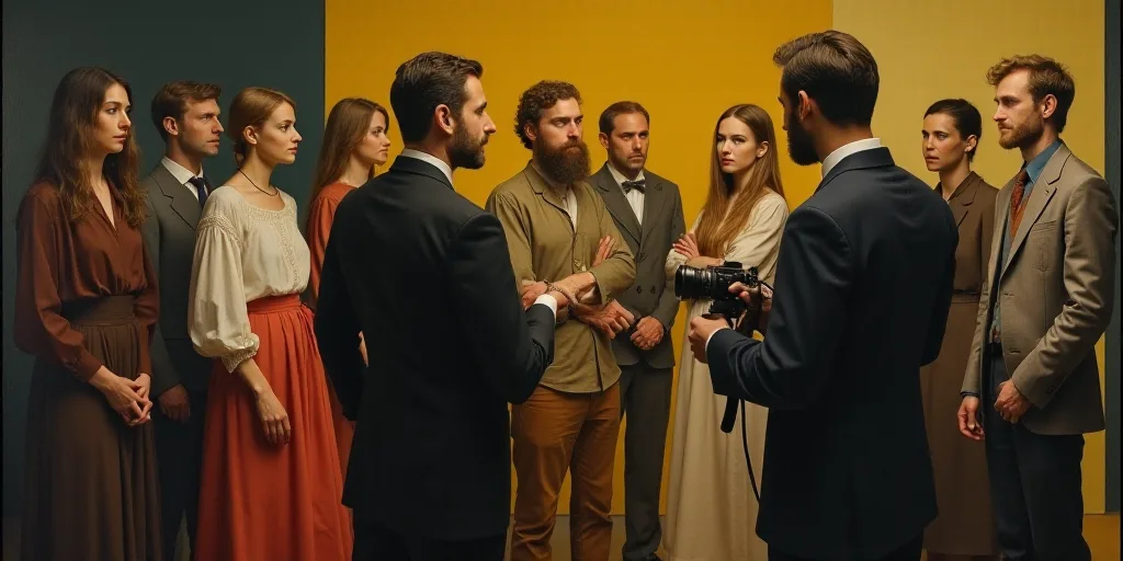 a group of people standing around a room with a camera in front of them and a man holding a cell pho