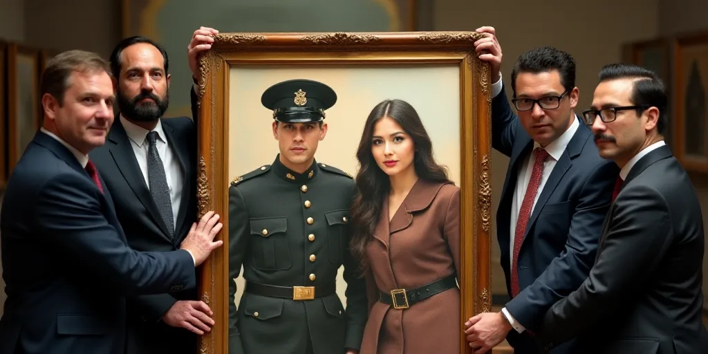 a group of people standing around each other holding a large framed picture of a man and woman in un