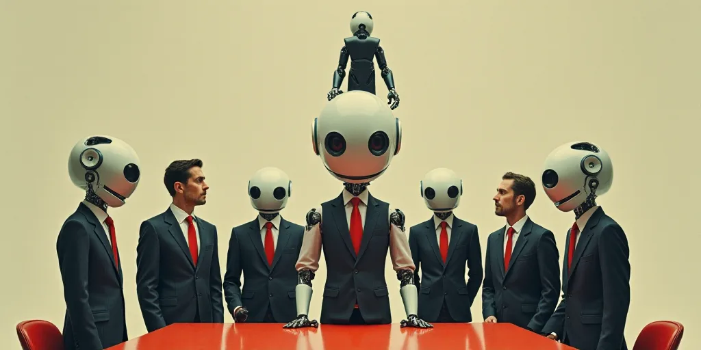 a group of people standing around a table with a robot on it's head and a man in a suit on top of it