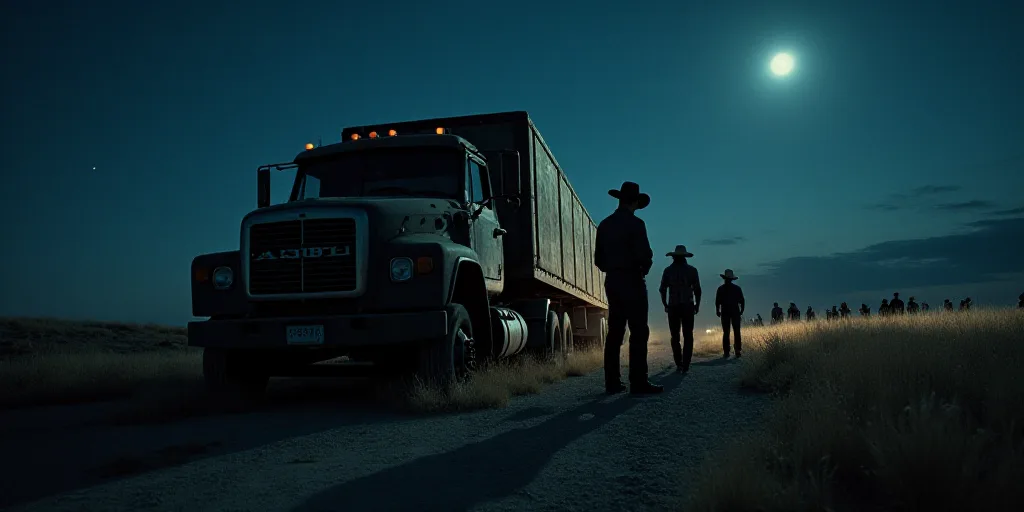 a group of people standing around a wrecked truck at night time with a man in a cowboy hat standing