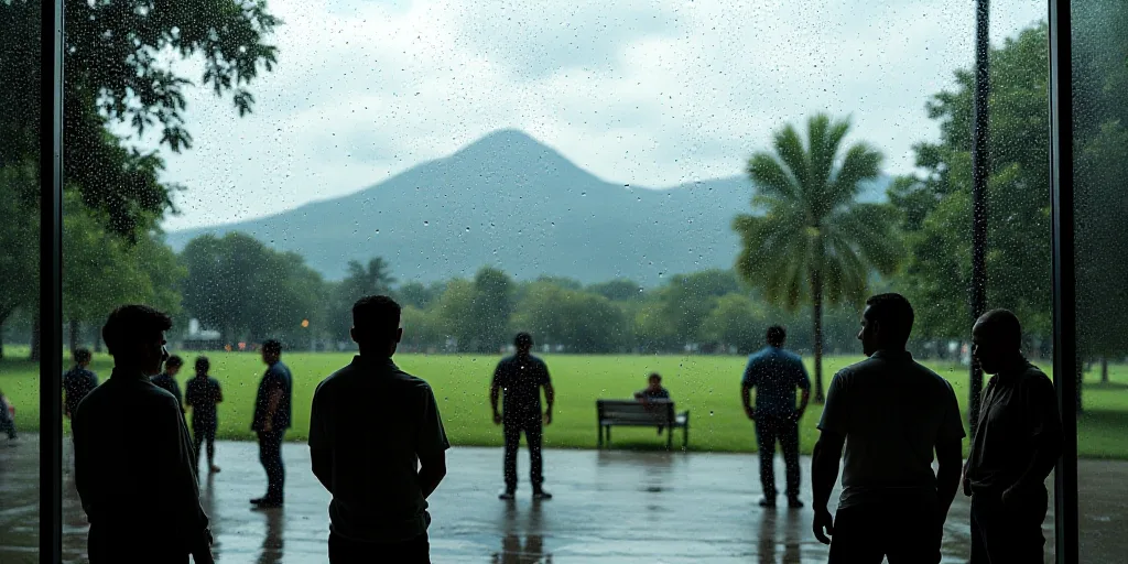 a group of people standing around a park with a lot of rain drops on the window glass and a view of