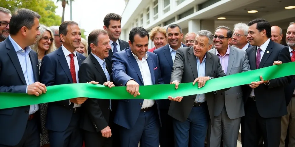 a group of people standing behind a green ribbon cutting a ribbon at a ribbon cutting ceremony in fr