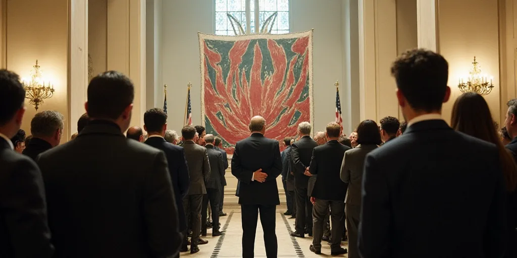a group of people standing in front of a sign in a building with flags on it and a man in a suit, Da