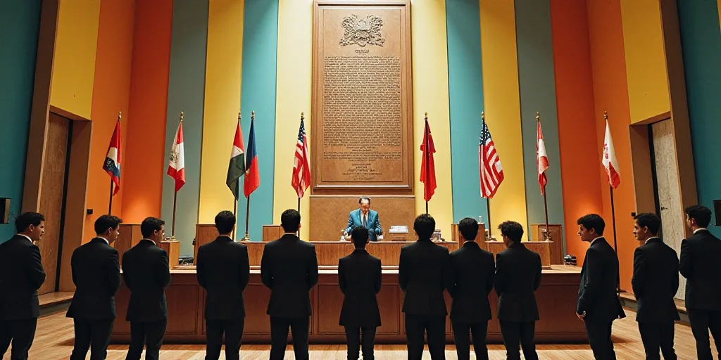 a group of people standing in front of a table with flags on it and a plaque in the background, Davi