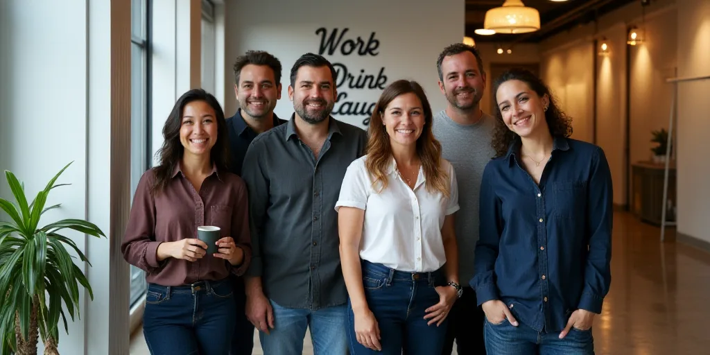a group of people standing in a hallway next to a planter and a wall with a sign that says work drin