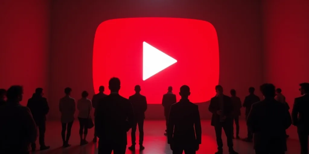 a group of people standing in front of a red play button logo with a white arrow on it's side, Ahmed