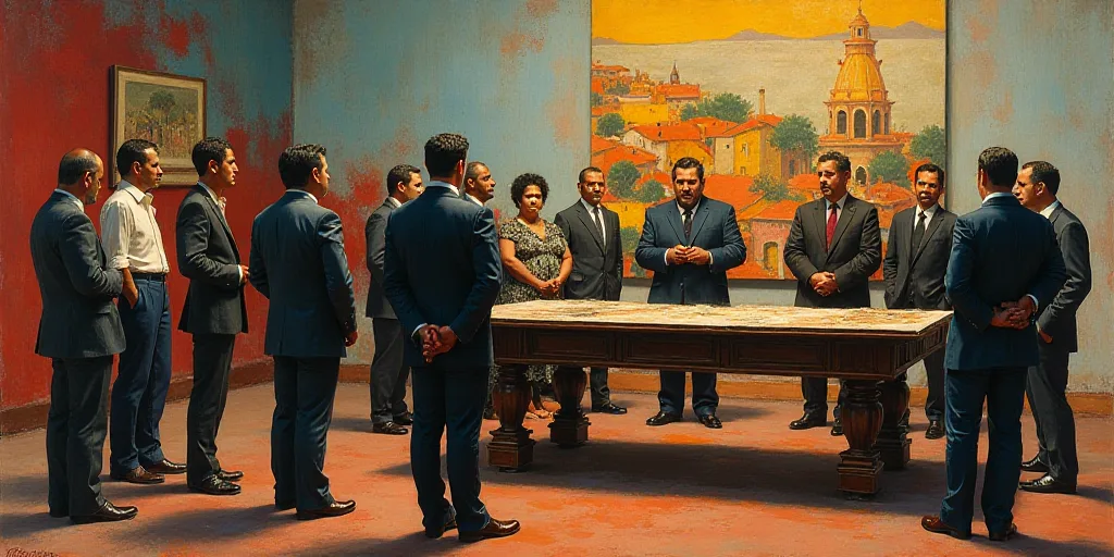 a group of people standing in front of a table with a painting on it and a man in a suit, David Alfa