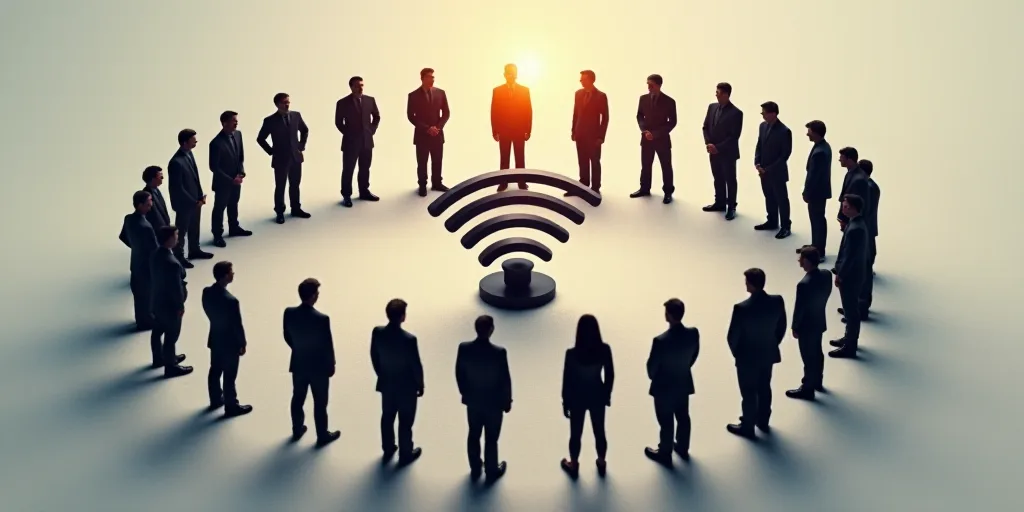 a group of people standing in a circle with a wifi symbol on it's center of the circle, Évariste Vi