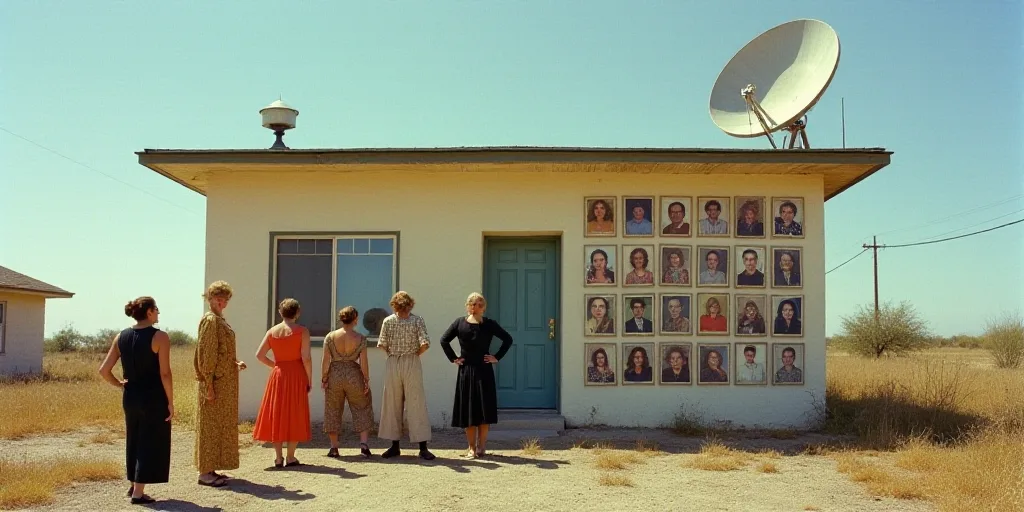 a group of people standing in front of a building with a wall of pictures on it and a satellite dish